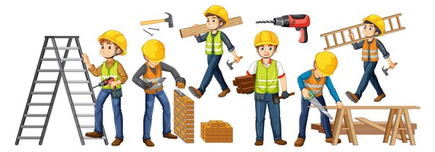 Grupo de personajes de dibujos animados de trabajadores de la construcción