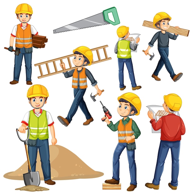 Grupo de personajes de dibujos animados de trabajadores de la construcción