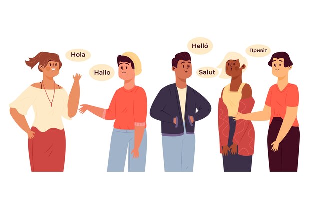 Grupo de personajes hablando en diferentes idiomas.