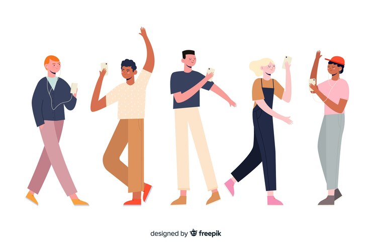 Vector gratuito grupo de personajes con ilustración de teléfono