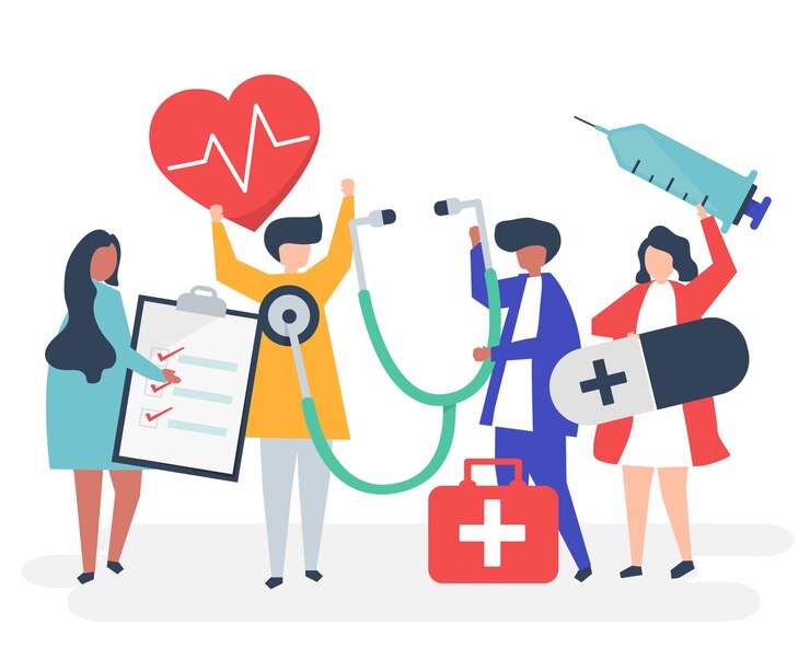 Grupo de personal médico que lleva iconos relacionados con la salud