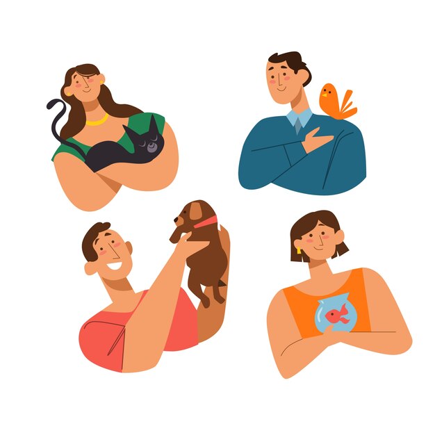 Grupo de personas con diferentes mascotas