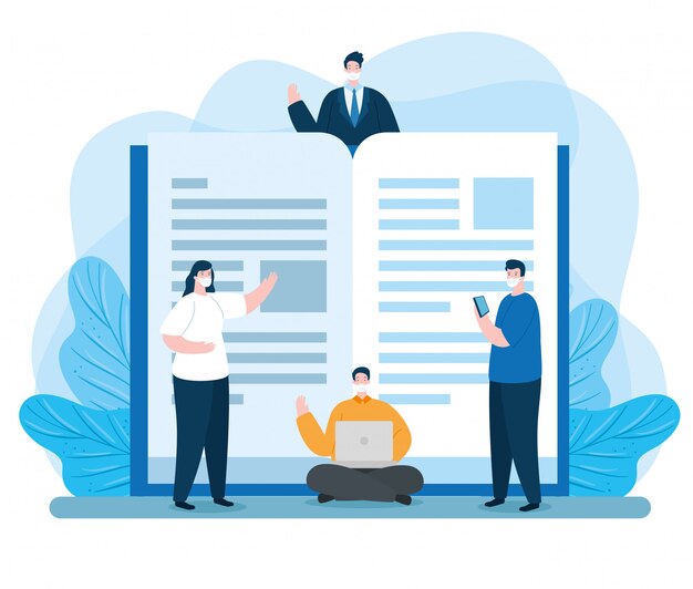 Grupo de personas en educación en línea con diseño de ilustración de computadora portátil y libro
