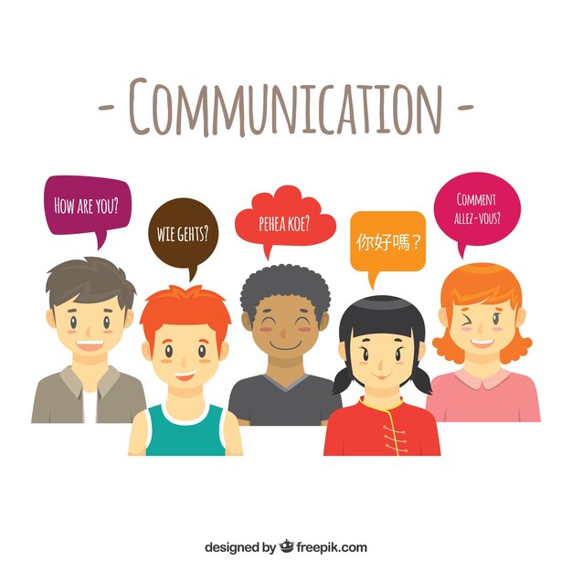 Grupo de personas hablando diferentes idiomas con diseño plano