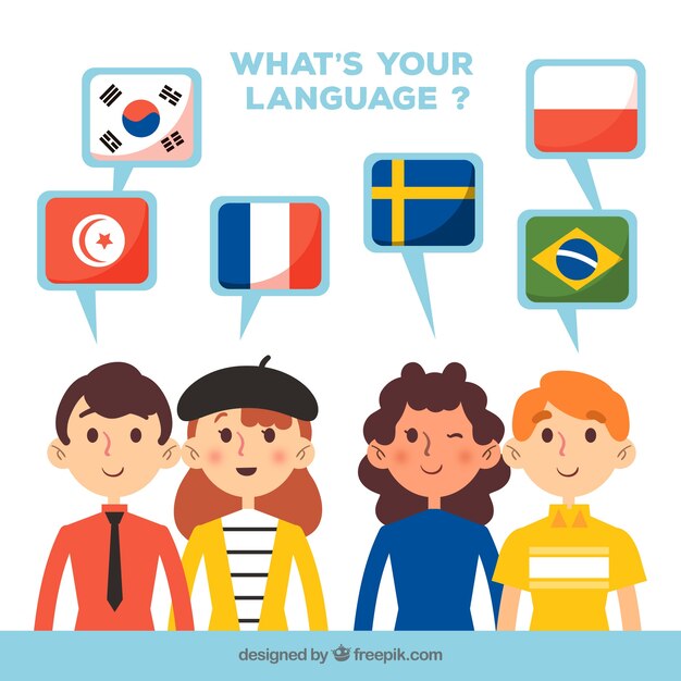 Grupo de personas hablando diferentes idiomas con diseño plano