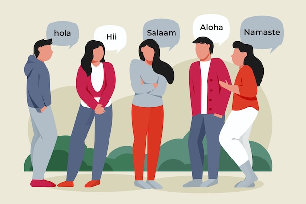 Grupo de personas hablando en diferentes idiomas.