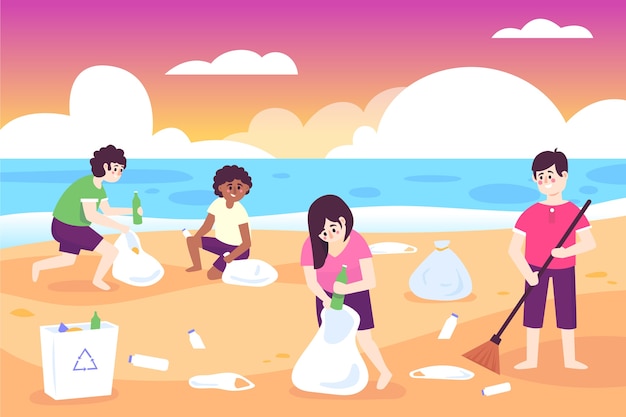 Grupo de personas limpiando playa