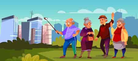 Vector gratuito grupo de personas mayores con selfie palo en el parque verde. personajes mayores de dibujos animados haciendo fotos.