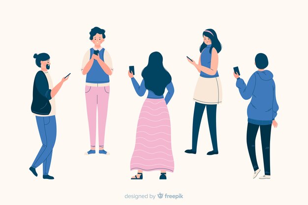 Grupo de personas mirando teléfonos inteligentes juntos