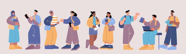 Vector gratuito grupo de personas multirraciales, estudiantes de escuela, colegio o universidad. ilustración plana vectorial de adolescentes internacionales con mochilas, bolsos, libros y teléfono