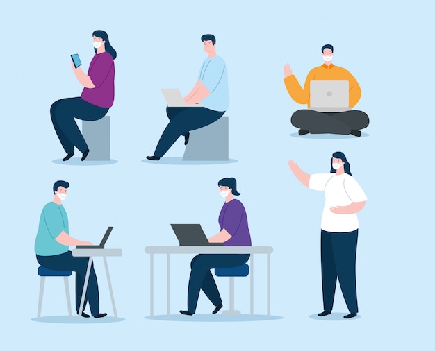 Grupo de personas que usan mascarilla con dispositivos de diseño de ilustración electrónica