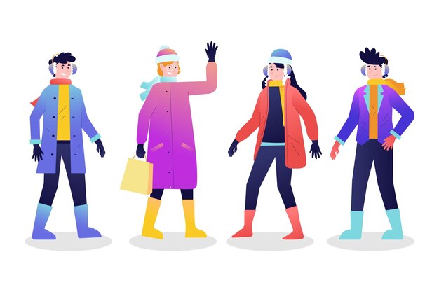 Grupo de personas con ropa acogedora en invierno