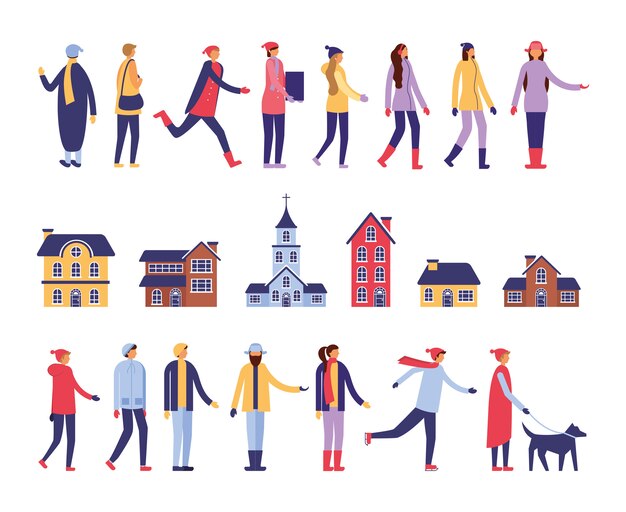 Grupo de personas con ropa de invierno y edificios