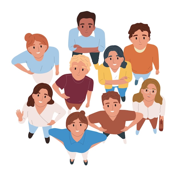 Grupo de personas sonrientes felices mirando la vista superior en la ilustración de vector plano de fondo blanco