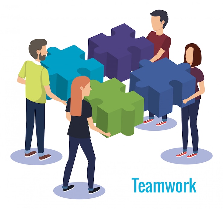 Vector gratuito grupo de personas trabajando en equipo con un juego de rompecabezas