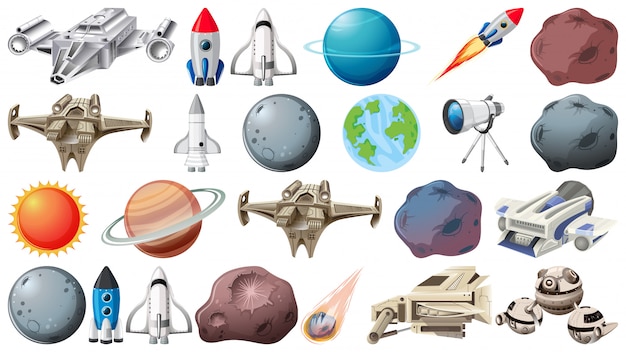 Vector gratuito grupo de planetas y objetos espaciales.