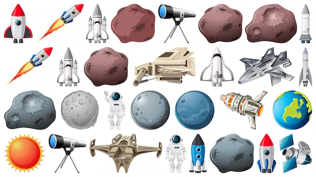 Grupo de planetas y objetos espaciales.
