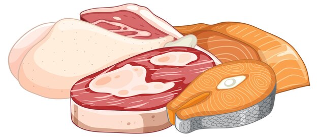 Grupo de productos cárnicos proteicos en la ilustración vectorial