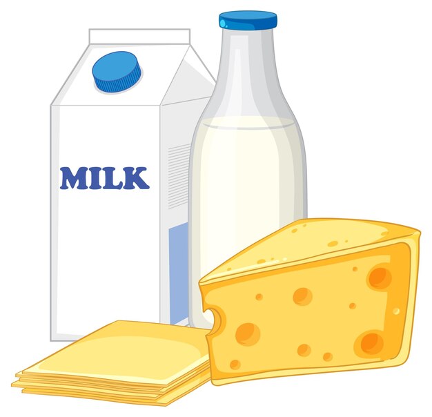 Grupo de productos lácteos queso mantequilla y leche