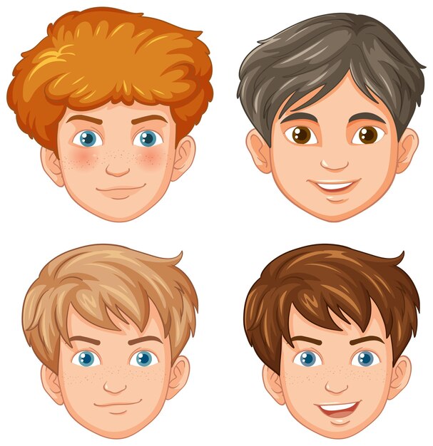 Grupo de rostros de hombre joven en dibujos animados