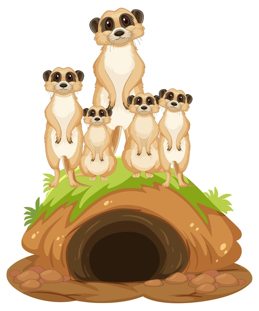 Grupo de suricatas con madriguera en estilo de dibujos animados