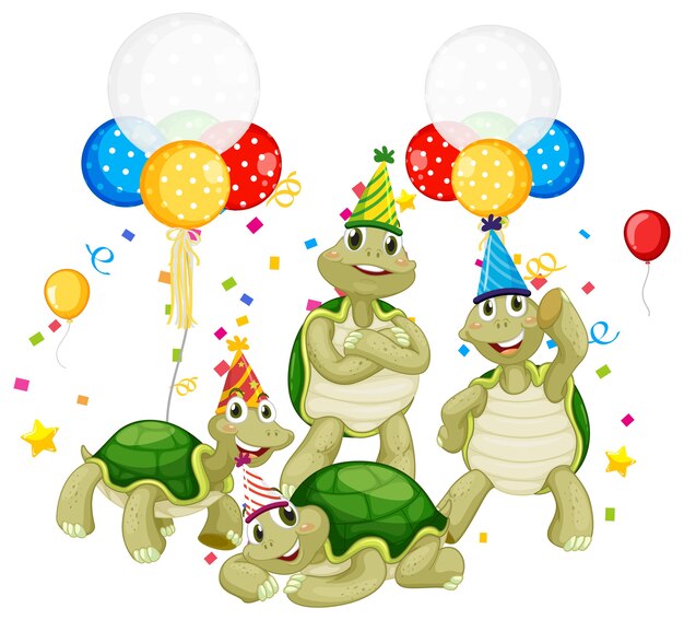 Grupo de tortugas en personaje de dibujos animados de tema de fiesta en blanco