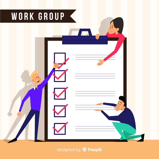 Grupo de trabajo gente confirmando lista de comprobación gigante