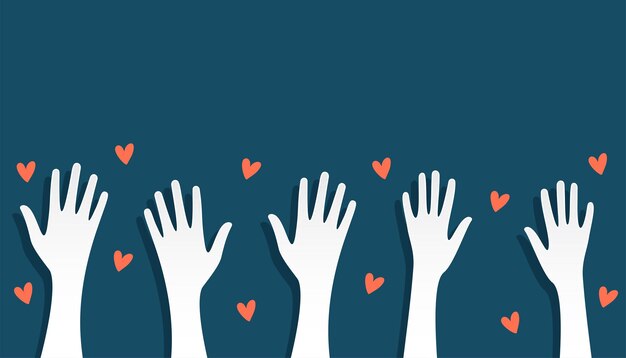 grupo de voluntarios de papel cortado levantando la mano con el vector del corazón del amor