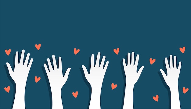 grupo de voluntarios de papel cortado levantando la mano con el vector del corazón del amor