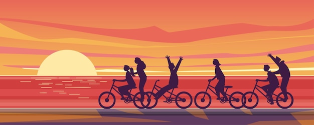 Grupos de niños andan en bicicleta en la playa divirtiéndose en vacaciones de verano Diseño de ilustración de vector plano