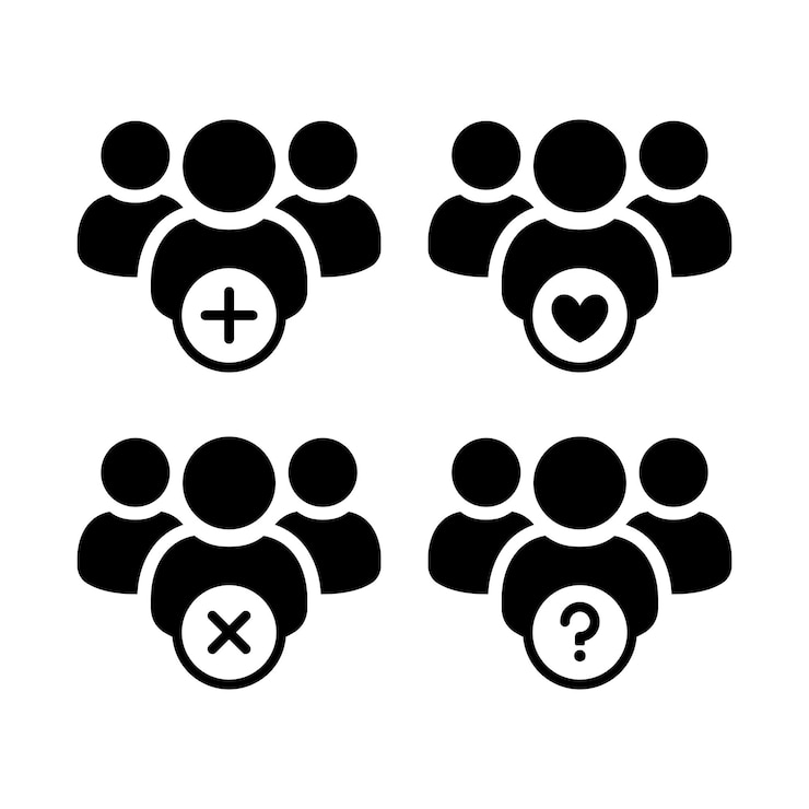 Vector gratuito grupos de usuarios con añadir borrar corazón y signo de pregunta
