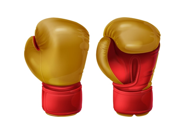 Vector gratuito guantes de boxeo de cuero par rojo realista. equipo deportivo para proteger las manos en pelea a puñetazos. ropa deportiva boxer para entrenamiento de puñetazos, sparring a prueba de golpes, combate o entrenamiento en saco de boxeo.