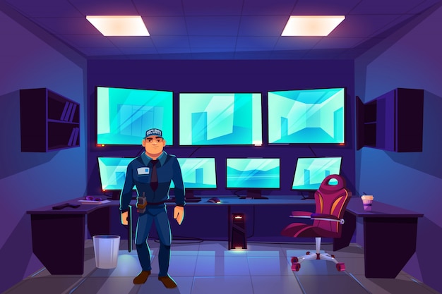 Guardia de seguridad en la sala de control de cctv con múltiples monitores que muestran el video de las cámaras de vigilancia