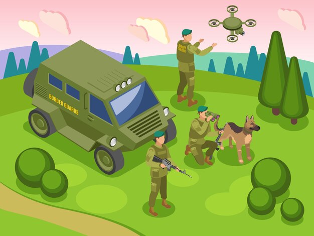 Guardias fronterizos durante el servicio fronterizo con perro y vehículo