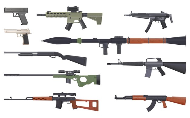 Guerra de armas conjunto realista de iconos aislados con varios tipos de armas rifles pistolas y escopetas ilustración vectorial