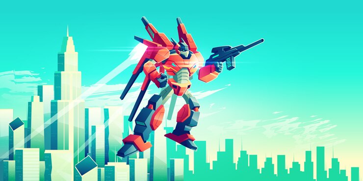 Vector gratuito guerrero alienígena, robot transformador armado volando en el cielo bajo modernos rascacielos de metrópolis
