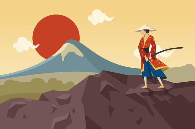 Guerrero asiático con espada caminando en las montañas y admirando el sol