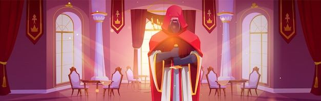 Guerrero en el comedor del castillo con mesa y silla real Salón de banquetes del palacio medieval fondo de dibujos animados Salón de baile de mansión victoriana de lujo para muebles de fiesta Caballero con plan de espada insurgencia