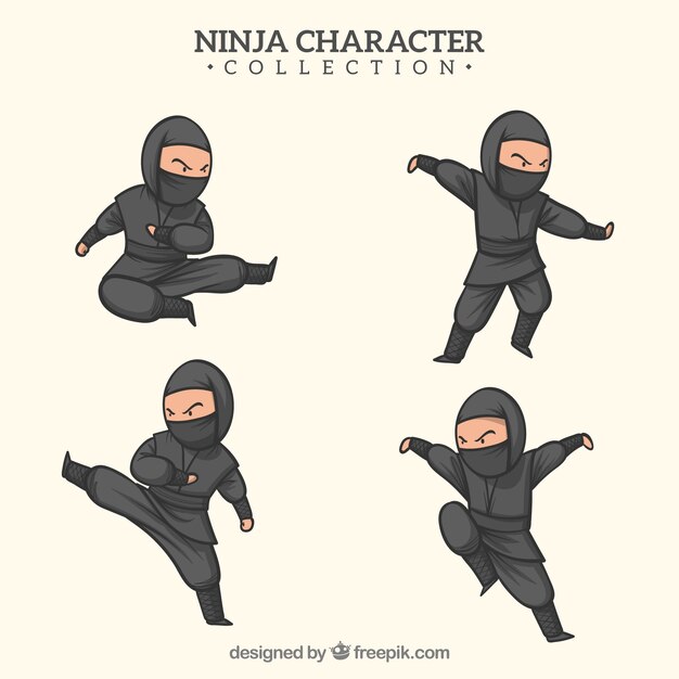 Guerrero ninja dibujado a mano en diferentes posturas