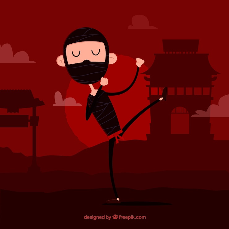 Vector gratuito guerrero ninja flat sobre fondo rojo