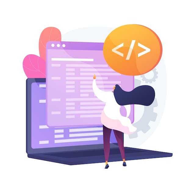 Guión de estilo personalizado. Optimización de sitios web, codificación, desarrollo de software. Personaje de dibujos animados programador femenino trabajando, agregando JavaScript, código CSS. Ilustración de metáfora de concepto aislado de vector