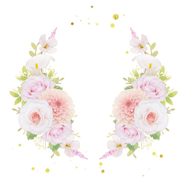 Guirnalda de acuarela de rosas rosadas y dalia.