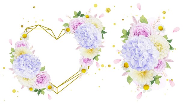 Guirnalda de amor acuarela y ramo de rosas púrpuras dalia y flor de hortensia