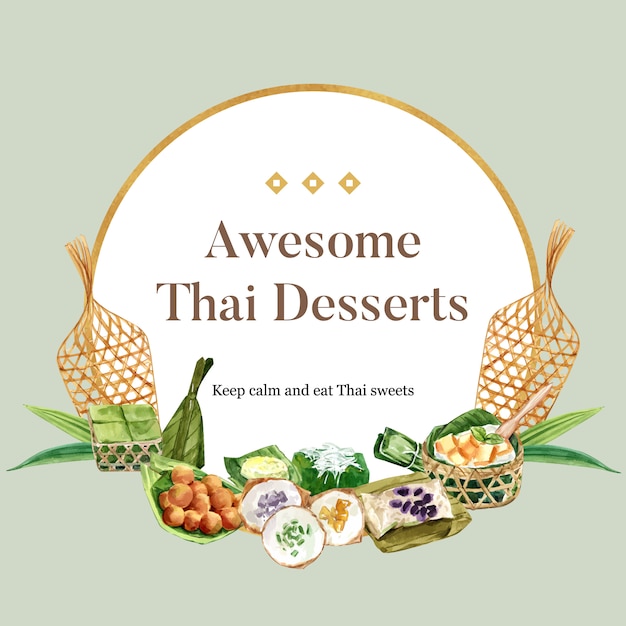 Guirnalda dulce tailandés con pudín, acuarela de ilustración de arroz pegajoso.