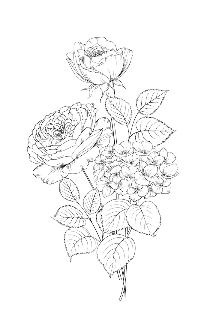 Guirnalda floral de hortensias y rosas sobre fondo blanco.