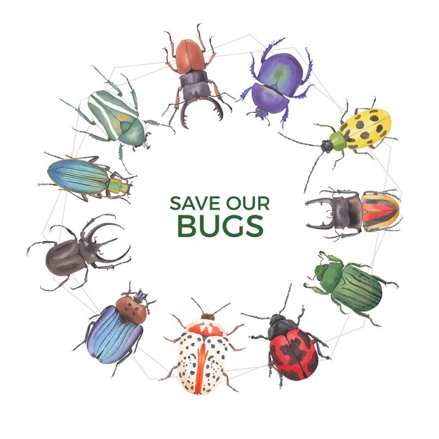 Guirnalda de insectos y pájaros con escarabajo ciervo, ilustración acuarela de mariquita.