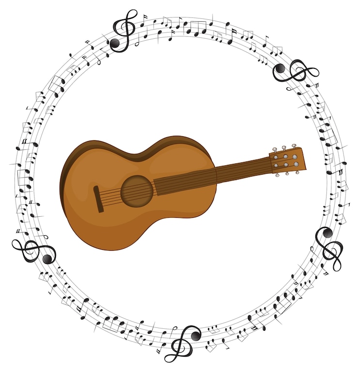 Vector gratuito una guitarra con notas musicales sobre fondo blanco.