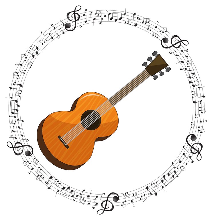 Vector gratuito una guitarra con notas musicales sobre fondo blanco.