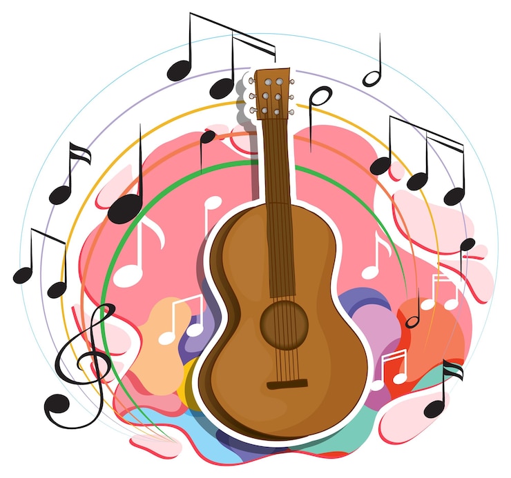 Vector gratuito guitarra con símbolos de melodía musical.