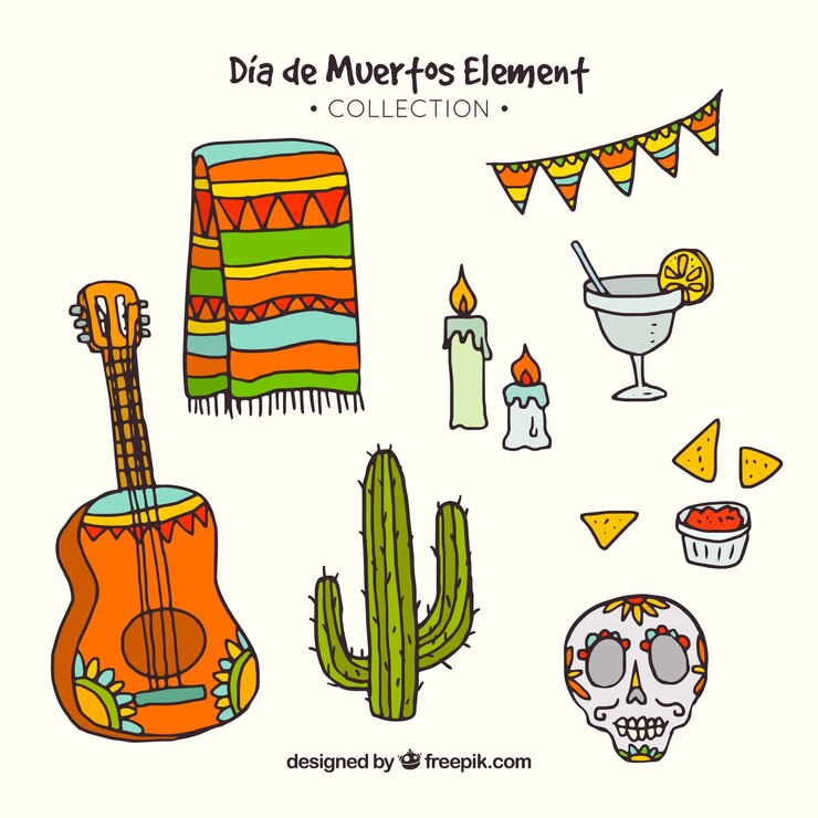 Vector gratuito guitarrra y otros elementos mexicanos del día de los muertos
